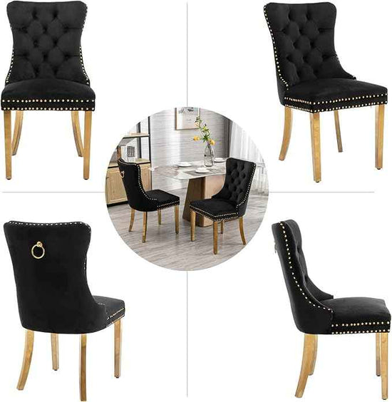Black Dining Chairs Set of 2, Velvet Upholstered Dining Room Chairs with Back Ring Pull Trim and Golden Stainless Steel Legs, Tufted Wingback Chair Perfect for Dining Room,Kitchen(Black)