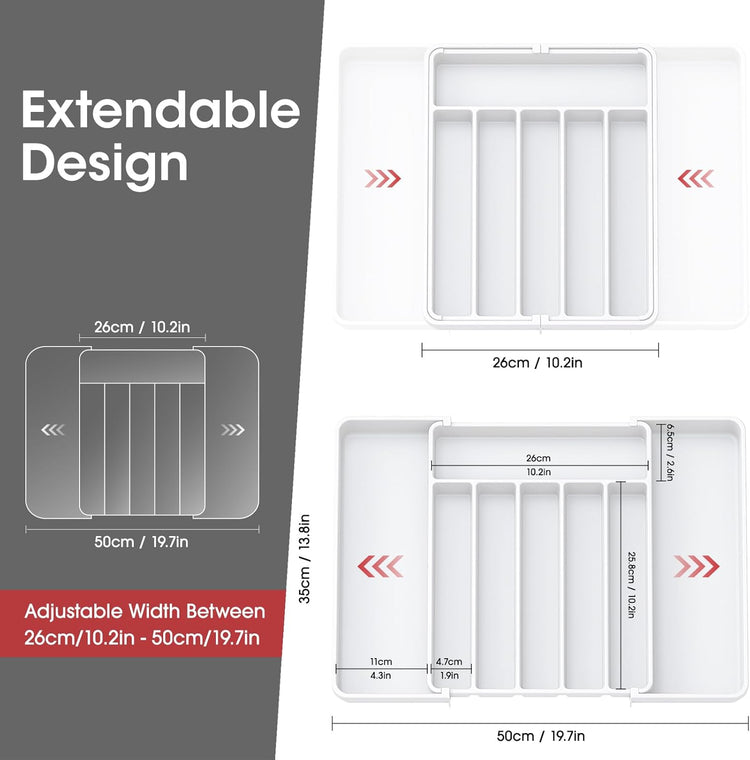 Aujen Silverware Organizer - Expandable Kitchen Drawer Organizer, Adjustable Utensil Organizer, Cutlery Tray for Forks, Knives, Multipurpose Kitchen Organizers and Storage Solution, White, Large