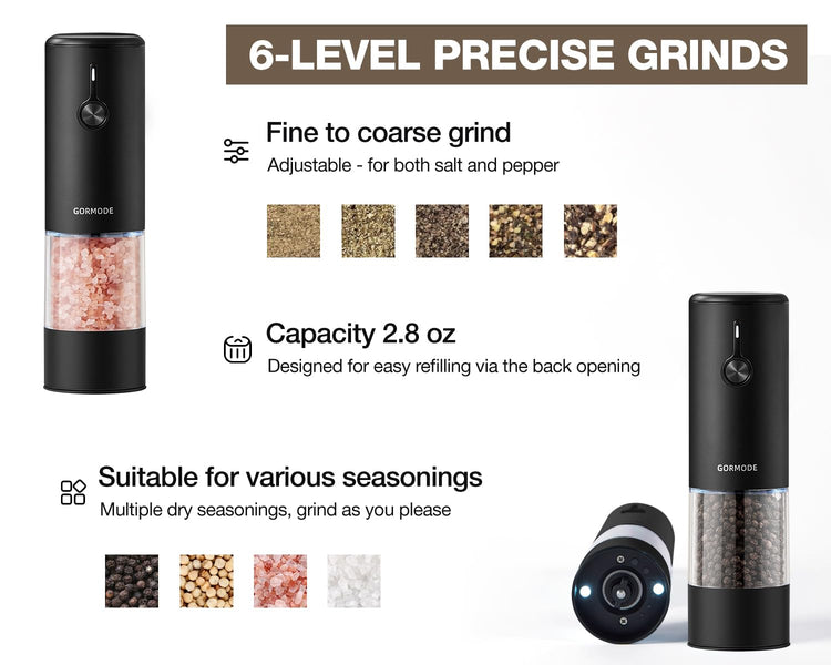 Black Stainless Steel Electric Salt and Pepper Grinder Set with Dust Cover