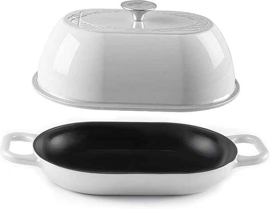 Enameled Cast Iron Dutch Oven for Professional Sourdough Bread Baking | 5.5 Quart Loaf Size Oval Cookware Pot with Lid | Triple-Layer Enamel Coating Pan with Non Stick Silicone Mat | White