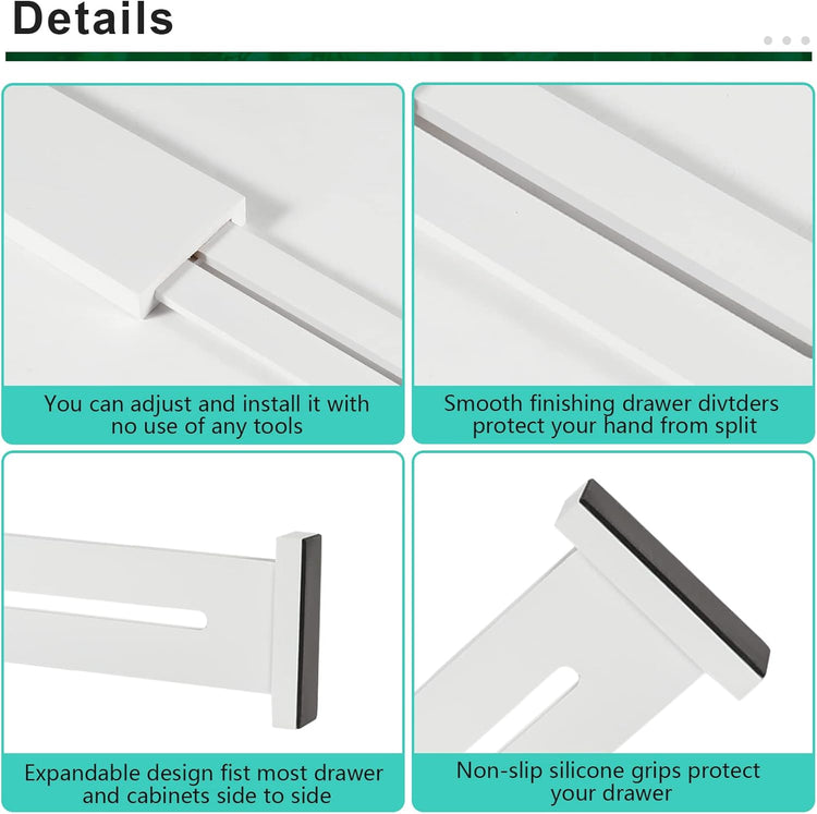 4 Pack Bamboo Drawer Dividers, Adjustable Length from 12 Inch to 17 Inch, Expandable Kitchen Drawer Organizer, Drawer Organization Separators for Clothes, Kitchen, Bedroom, Dresser, Office (White)
