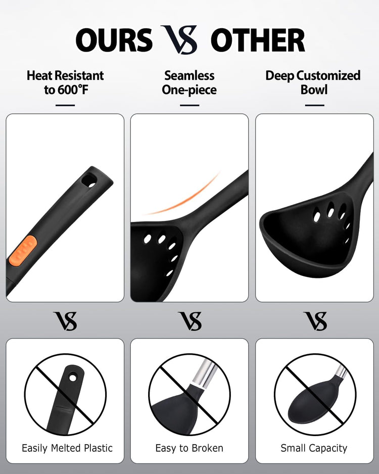 Silicone Pasta Fork and Ladle Spoon Set, Large Non Stick Kitchen Utensils for Cooking,Stirring,One Piece Serving Spaghetti, Soup, Sauce (BLACK)