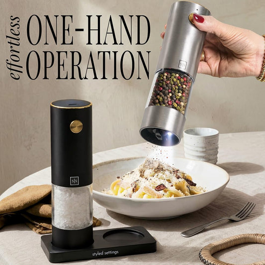 Rechargeable Salt and Pepper Grinder Set (Black, Silver)