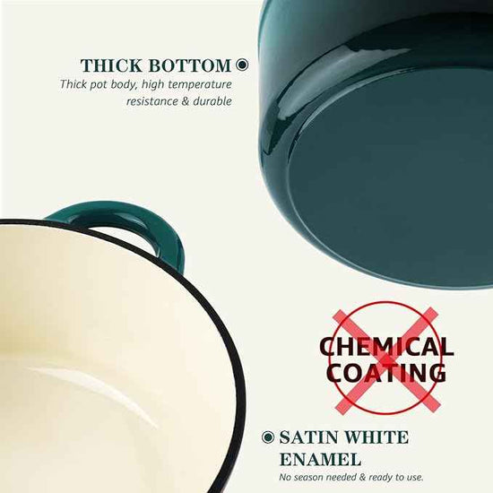 Overmont Enameled Cast Iron Dutch Oven - 7QT Pot with Lid Cookbook & Cotton Potholders - Heavy-Duty Cookware for Braising, Stews, Roasting, Bread Baking bottle green