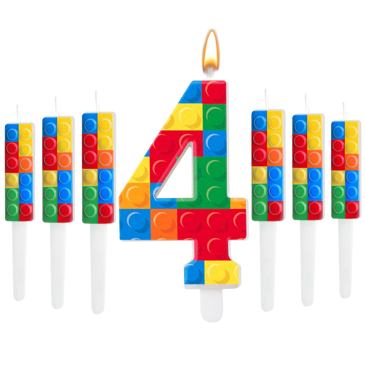 7 Pcs Building Block Themed Birthday Candles Set Building Blocks Number 4 Candle Cake Topper for Building Block Party Decoration Supplies (7 Count)