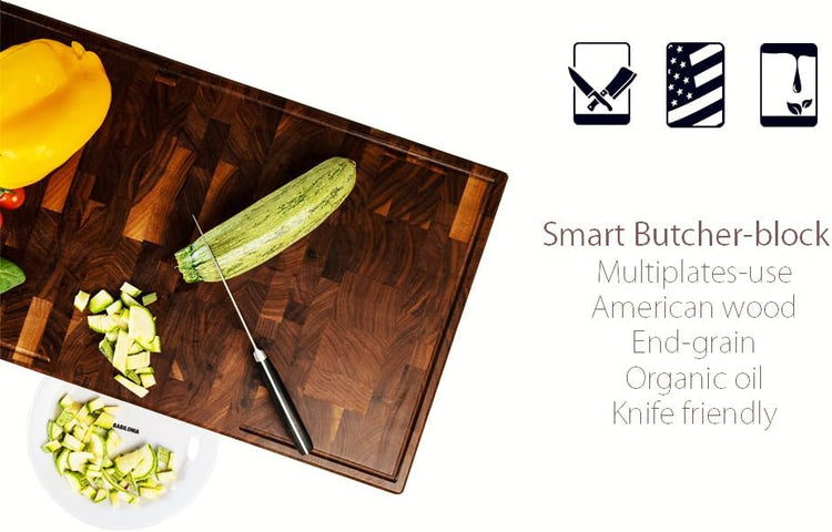 XXL American Black Walnut Cutting Board (ExtraThick 1.7"), Premium Quality & Professional Butcher Block. Heavy Duty End Grain Wood Chopping Board 24"L x 15"W (Oil bottle & Plate included)