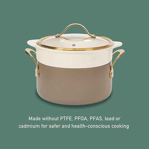 Bloomhouse - Two Time Oprah's Favorite Things Winner - 8 Piece Pots and Pans Heavy Duty Aluminum Premium PFA Free Ceramic Nonstick Dutch Oven Pot with Lid - Cappuccino Cream with Gold Handle