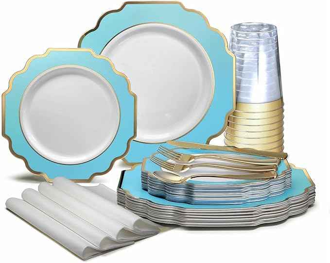" OCCASIONS " 640 Piece set (80 Guests)-Heavyweight Wedding Party Disposable Plastic Plate Set - 80 x 10.5'' + 80 x 8'' + Silverware+Cups+Napkins (Imperial Aqua & Gold))
