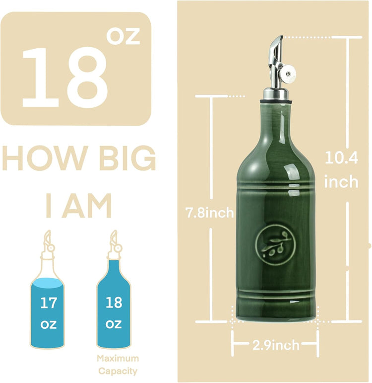 Olive Oil Dispenser Bottle with Spout, 18 oz Ceramic Oil Dispensers for Kitchen, Opaque Cruet, EVOO & Vinegar Bottle with Automatic Stainless Steel Pourer, Pack of 1, Jade Green