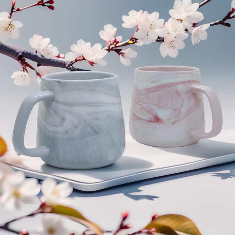 Ceramic Coffee Mug Set of 2, Gray and Pink Marble Pattern Procelain Couple Mugs, Stoneware Matching Cups, Dishwasher Safe, Microwave Safe, 13 oz