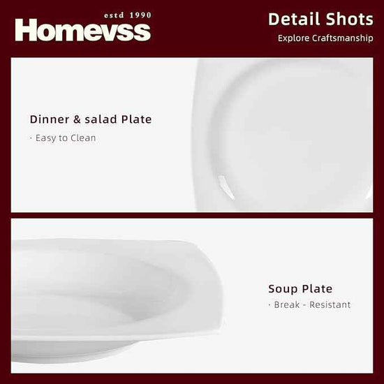 HomeVss, New Bone China Dinnerware SEt, Rim Square Shape, 40pc Set