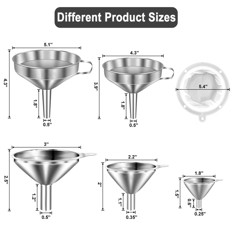 Stainless Steel Funnels for Kitchen use (5 Count)