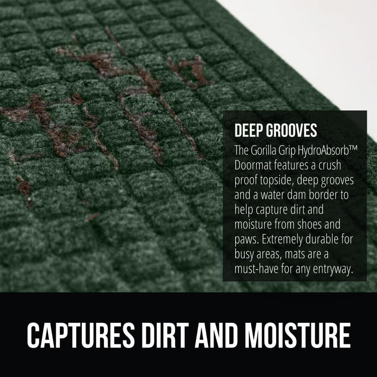 GORILLA GRIP Front Door Mat, 35x23, Indoor Outdoor Ultra Absorbent HydroAbsorb Doormat, Absorbs Up to 5.7 Cups of Water, Stain and Fade Resistant, Rubber Backing Doormats, Captures Dirt, Green