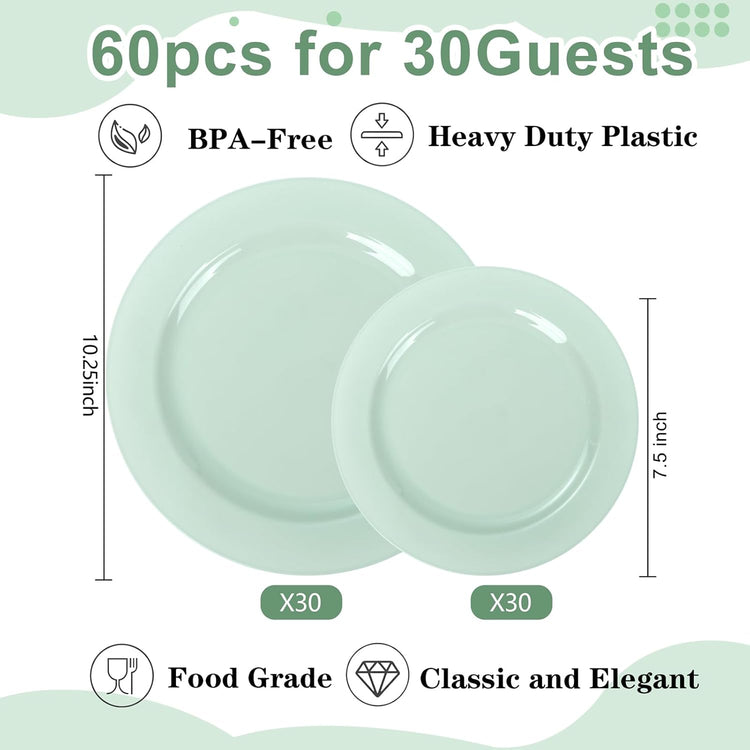 FLOWERCAT 60PCS Sage Green Plates - Heavy Duty Plastic Plates Disposable for Party/Easter - Include 30PCS 10.25inch Sage Green Dinner Plates and 30PCS 7.5inch Dessert Plates