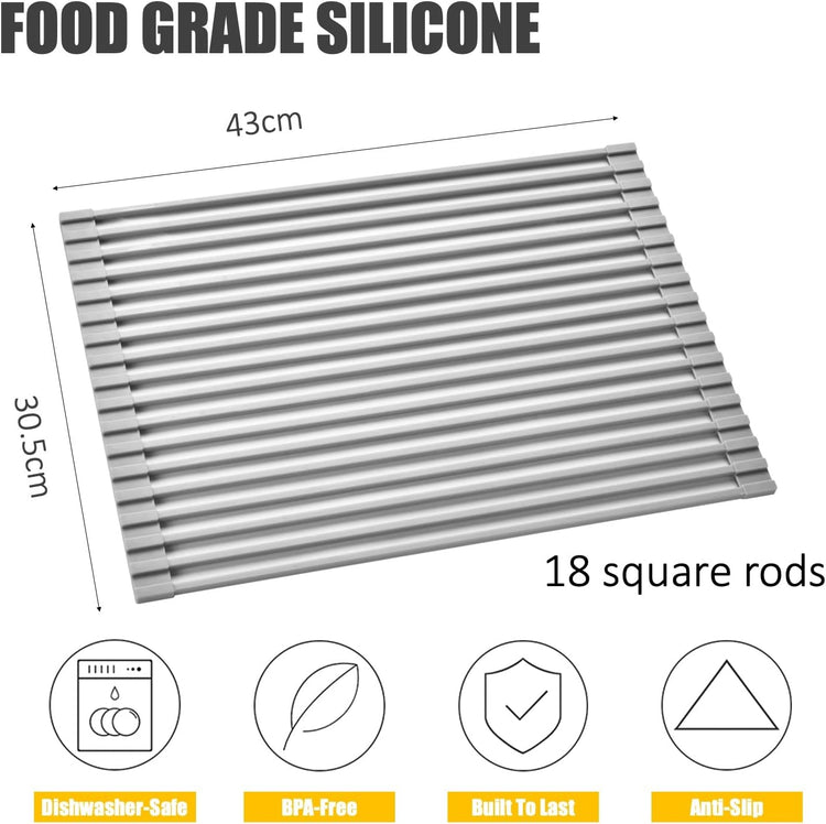Silicone-Coated Stainless Steel Over The Sink Multipurpose Roll-Up Dish Drying Rack, 17.2"X12.2", Heat Resistant Non Slip Dish Draining Rack BPA Free Dishwasher Safe (S, Gray)