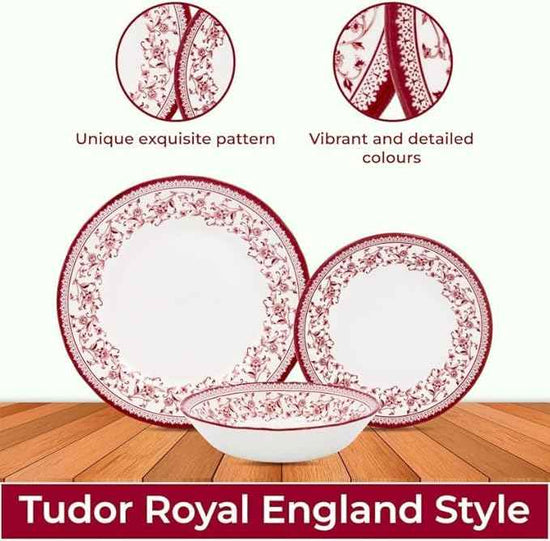 Tudor Royal Collection 16 Piece Round Dinnerware Set, Service for 4, Aster Pink Design, Red Floral, Plates Bowls Dishes, High Gloss Premium Quality