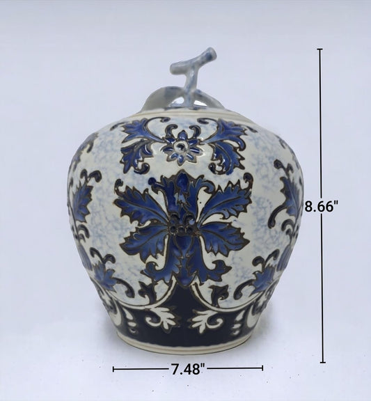 Festcool Blue and White Ceramic Flower Ginger Leaf Lid Jar Vase, Sugar Canister, Sugar Container, Tea Container, Hand-crafted Jingdezhen China