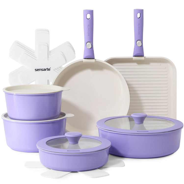 17 Piece Ceramic Detachable Handle Pots and Pans Set Purple