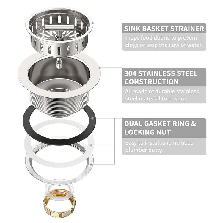 3-1/2 Inch Kitchen Sink Drain Strainer Assembly Made by All Stainless Steel with Strainer Basket/Drain Stopper, Replacement for Standard Commercial Drains