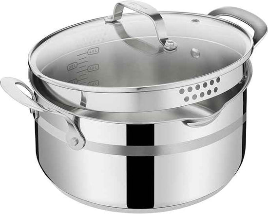 Jamie Oliver by T-fal Cook Smart 10-Piece Cookware Set, Uncoated Stainless Steel, Robust, Fast Heating, Even Cooking, Riveted Handle, Induction safe, Oven and dishwasher safe