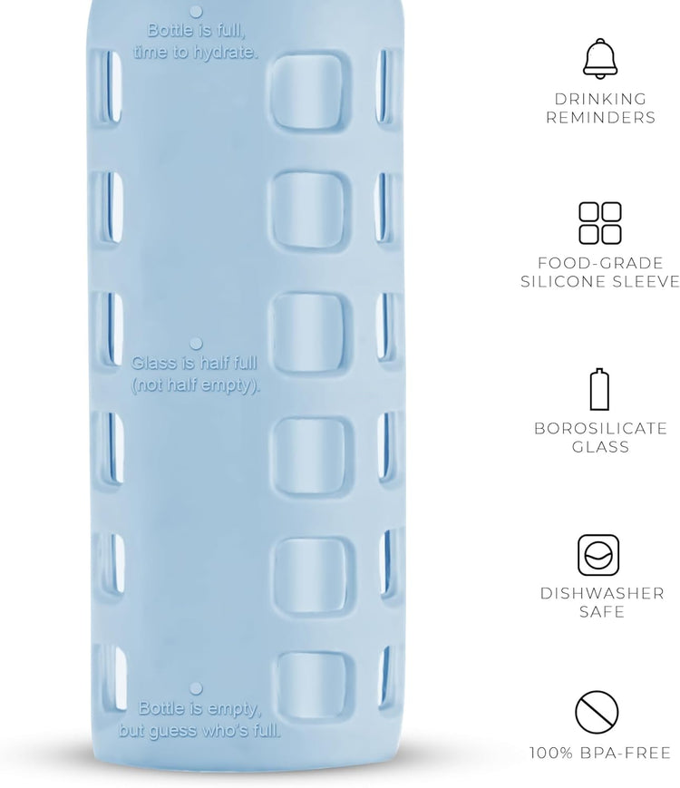 purifyou 40oz / 32oz / 22oz / 12oz Borosilicate Glass Water Bottle with Time & Volume Markers, Silicone Sleeve, Stainless Steel Lid – Reusable Glass Bottle for Water & Juice (12oz Ice Blue)
