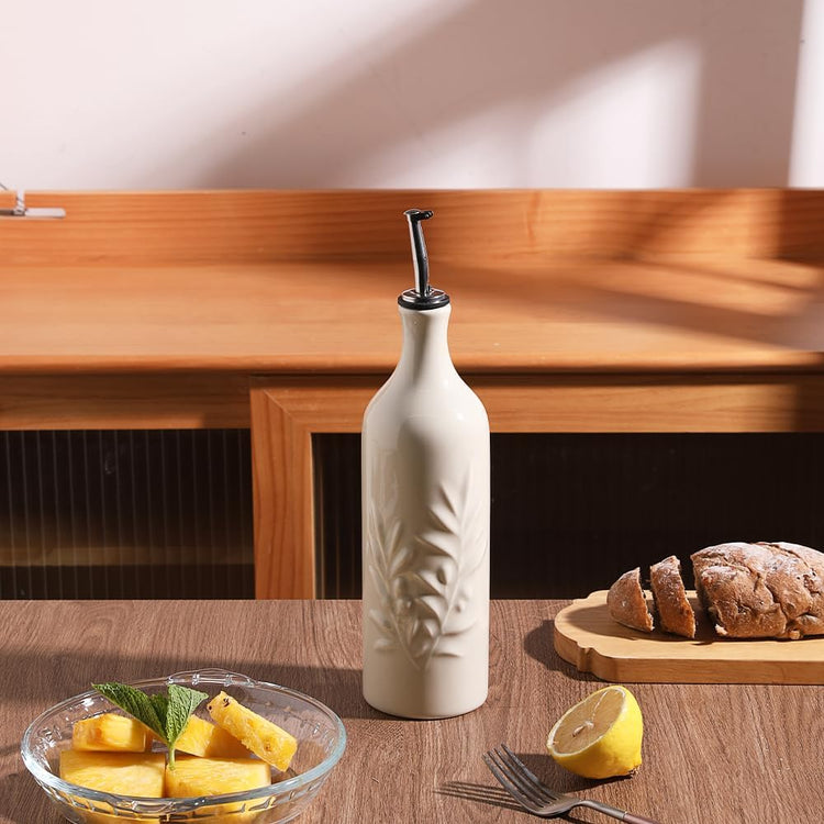 Sweejar Large Ceramic Olive Oil Dispenser Bottle, 24 Oz Relief Opaque Oil Cruet Protects Oil To Reduce Oxidation, Storage Vinegar, Soy Sauce, Coffee Syrup, Liquids, Set of 1 (Beige)