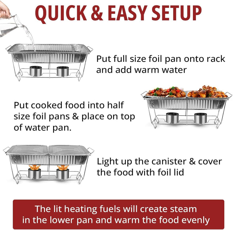 Disposable Chafing Dish Buffet Set, 33 Piece of Chafing Servers with Food Warmers, Covers, Half-Size Food Pans, Water Trays, Serving Utensils, Foil Lids and 4Hr Fuel Cans for Parties, Catering