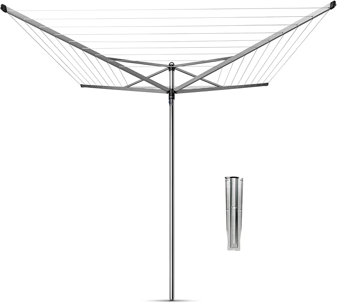 Brabantia Topspinner Outdoor 4 Arm Spinning Clothesline (197 ft/Ø 1.8") Rotating, Folding Clothes Drying Rack + Ground Spike (Gray)