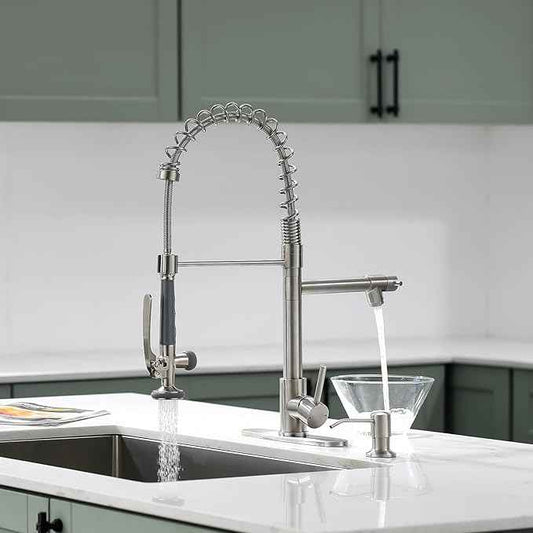 Fapully Commercial Pull Down Kitchen Sink Faucet with Sprayer Brushed Nickel Single Handle Faucets for Kitchen Sink, Kitchen Faucet with Soap Dispenser and Deck Plack for 4 Hole