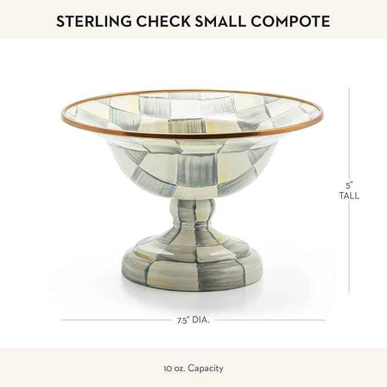 MACKENZIE-CHILDS Enamel Compote, Cute Enamel Pedestal Serving Dish or Decorative Bowl, Small, Gray-and-White Sterling Check