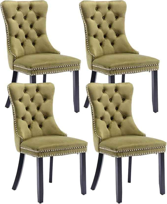 Velvet Dining Chairs Set of 4, Tufted Upholstered Wingback with Back Ring Pull Trim, Solid Wood Legs (Olive Green) for Dining, Living, Kitchen