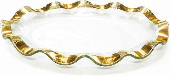 Annieglass Ruffle 14.5 x 9.5 Inch Oval Platter with 24k Gold, Timeless Glass Tableware for all Occasions, Made in the USA