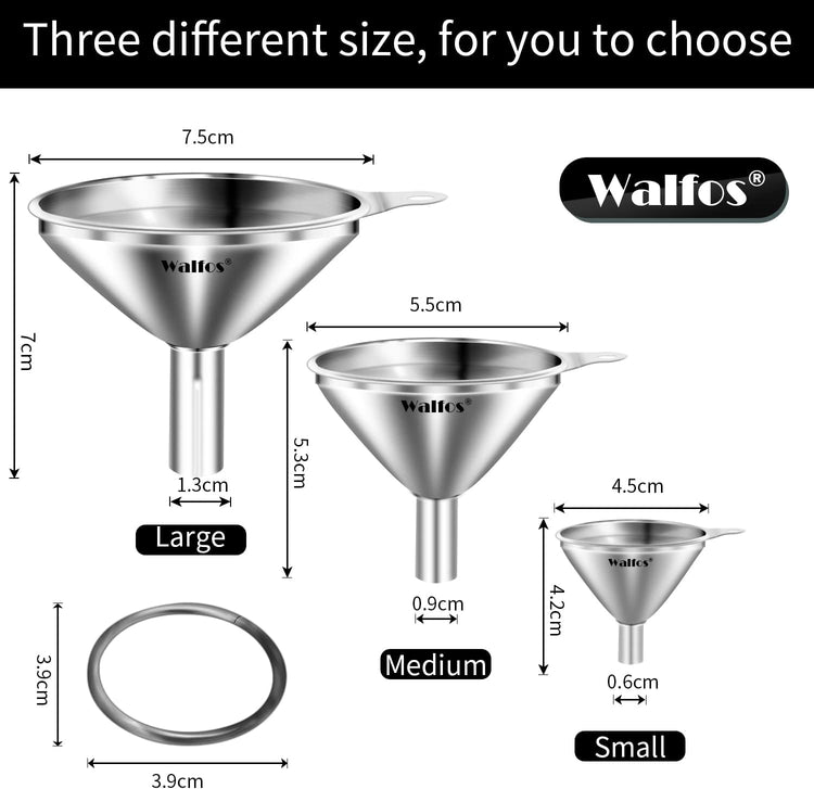 WALFOS Mini Stainless Steel Funnels, Multi-use Small Kitchen Funnel Set, for Transferring Liquid, Fluid, Essential Oils, Powder,Tiny Spices,Long-Lasting and Dishwasher Safe (3 in、2.2 in、1.7in)