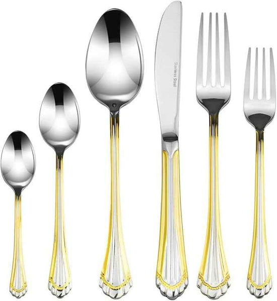Venezia Collection Gold Flatware Serving Set for 12, 75-Pc Luxury Dining Silverware Cutlery Service, 24 Kt 18/10 Premium Surgical Stainless Steel Hostess Set in a Wooden Storage Case Chest