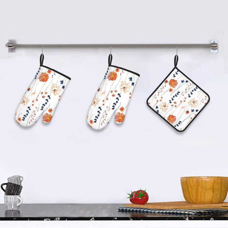 Watercolor Orange Floral Oven Mitts and Pot Holders Set Heat Resistant Non Slip Set of 3 Navy Blue and Orange Flower Decorative Kitchen Gloves Hot Pads for Cooking BBQ Baking Grilling