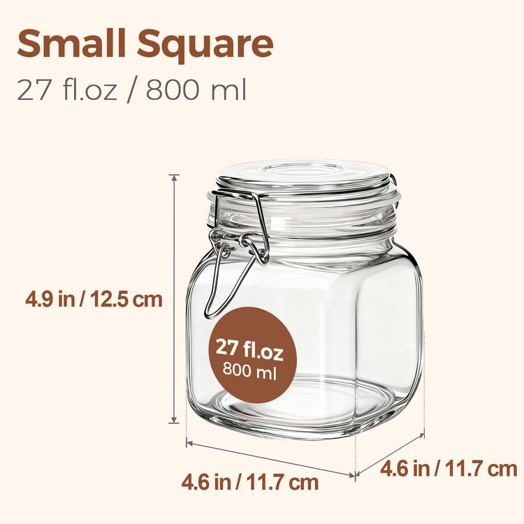 Square Glass Pantry Jars with Airtight Lids 27 oz 6 Pack Spice Jar (6 Count)