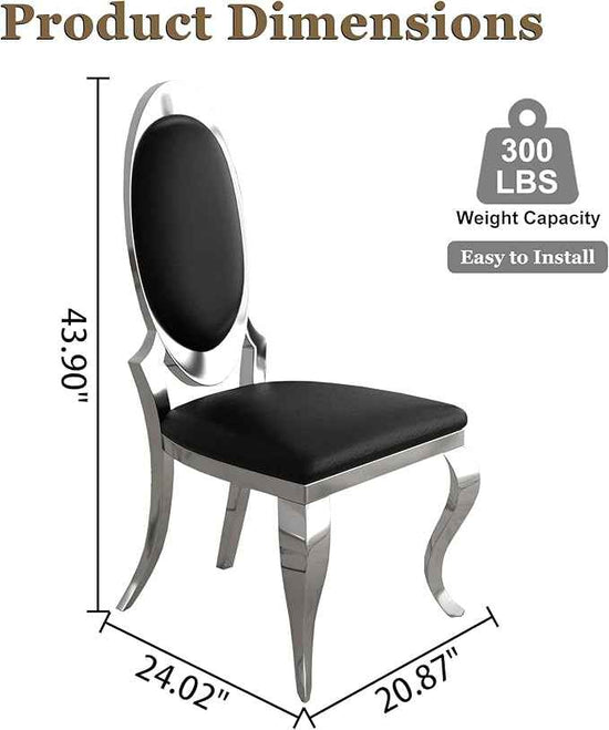 Modern Dining Chairs Set of 2, Luxury Faux Leather Upholstered Armless Dining Room Chair with Mirrored Stainless Steel Silver Legs, Mid Century Accent for Wedding Party Banquet Reception, Black