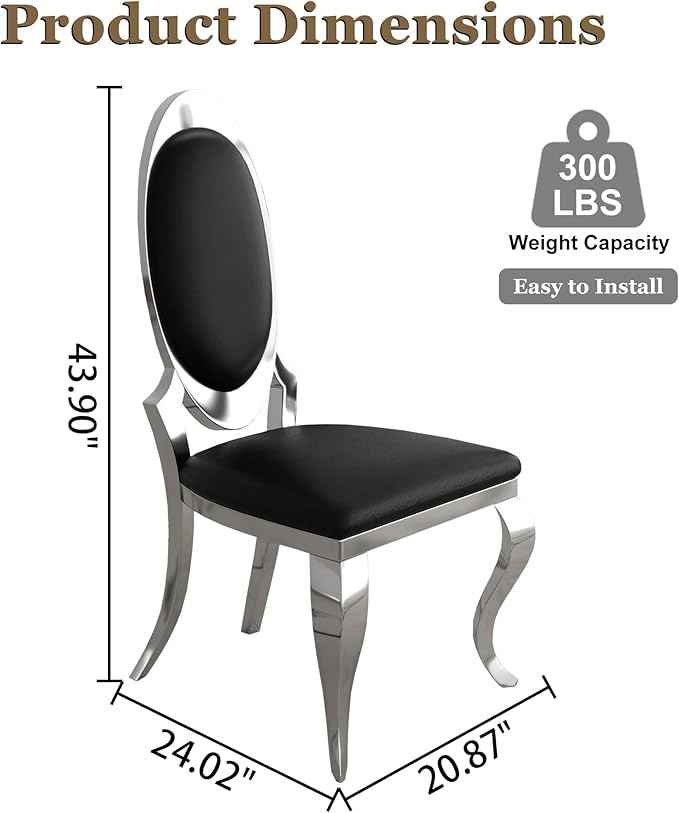 Modern Dining Chairs Set of 2, Luxury Faux Leather Upholstered Armless Dining Room Chair with Mirrored Stainless Steel Silver Legs, Mid Century Accent for Wedding Party Banquet Reception, Black