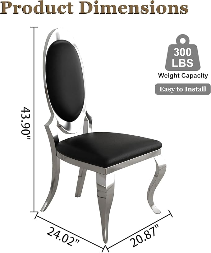 Modern Dining Chairs Set of 4, Luxury Faux Leather Upholstered Armless Dining Room Chair with Mirrored Stainless Steel Silver Legs, Mid Century Accent for Wedding Party Banquet Reception, Black