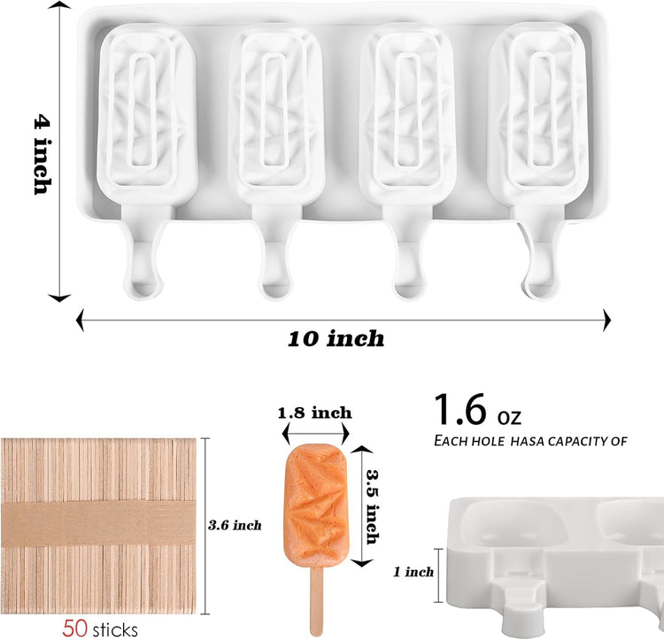Sakolla 2 Pack Silicone Popsicle Molds, 4 Cavities Diamond Ice Cream Molds with 50 Wooden Sticks for Ice pop, Cake Pop, Cakesicles (White)