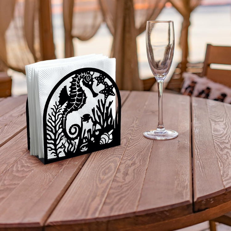 Seahorse and Coral Decorative Black Metal Napkin Holder for Table
