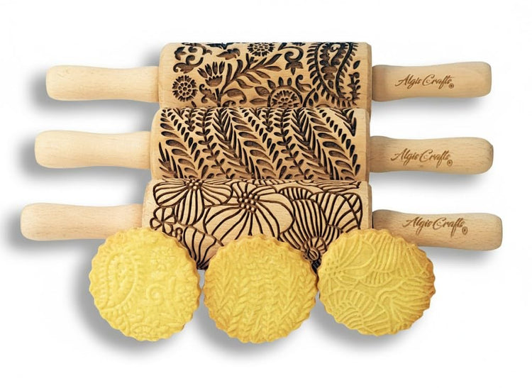 FLORAL 3 Small Textured Rolling Pin Set. Wooden laser engraved embossing dough roller for embossed cookies gift for Birthday