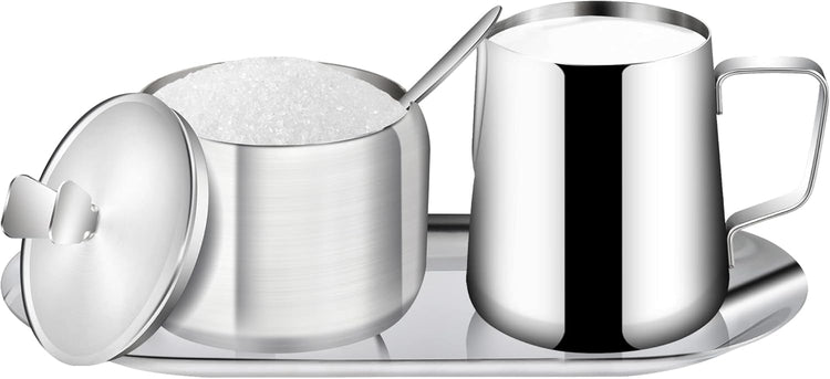 Stainless Steel Sugar and Creamer Set, Coffee Sets for Serving, Latte Milk Cup Cream Jug and Sugar Bowl with Lid Spoon Tray for Coffee Bar
