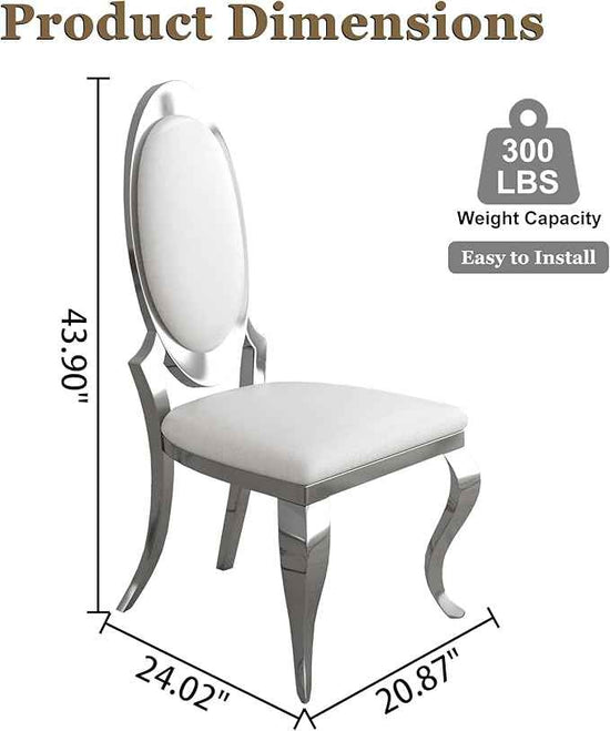 Modern Dining Chairs Set of 6, Luxury Faux Leather Upholstered Armless Dining Room Chair with Mirrored Stainless Steel Silver Legs, Mid Century Accent for Wedding Party Banquet Reception, White
