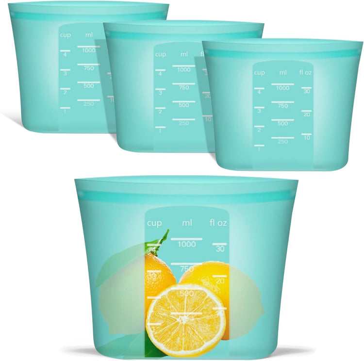 Reusable Freezer Bags Quart Size, 4 Pack, 100% Silicone Stand Up Ziplock Reusable Silicone Food Storage Bags Sandwich Bags Containers, Freezer Microwave Oven Dishwasher Safe, Aqua, 33.8fl.oz