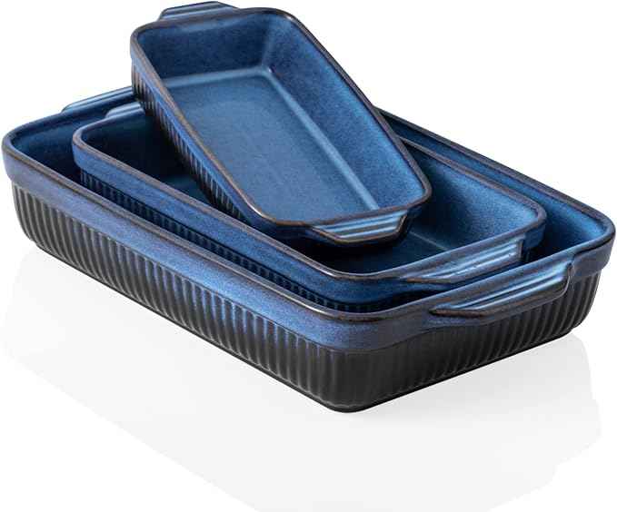 Kanwone Ceramic Baking Dishes, Rectangular Lasagna Pans, Casserole Dishes, Bakeware Set for Cooking, Kitchen, Cake Dinner, 9 x 13 Inches, Stripe Series - Reactive Glazed (Bright Blue)