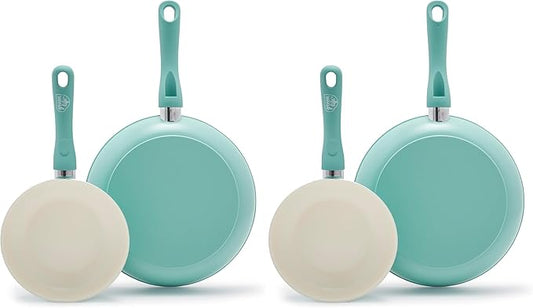 GreenLife Non Stick Fry Pan Set 7" & 10", Non-Toxic PFAS-Free Ceramic Skillet, Dishwasher & Oven Safe, Egg Omelet Frying Pan, Stay- Cool Handles, Kitchen Home Cooking Essentials, Turquoise (Pack of 2)