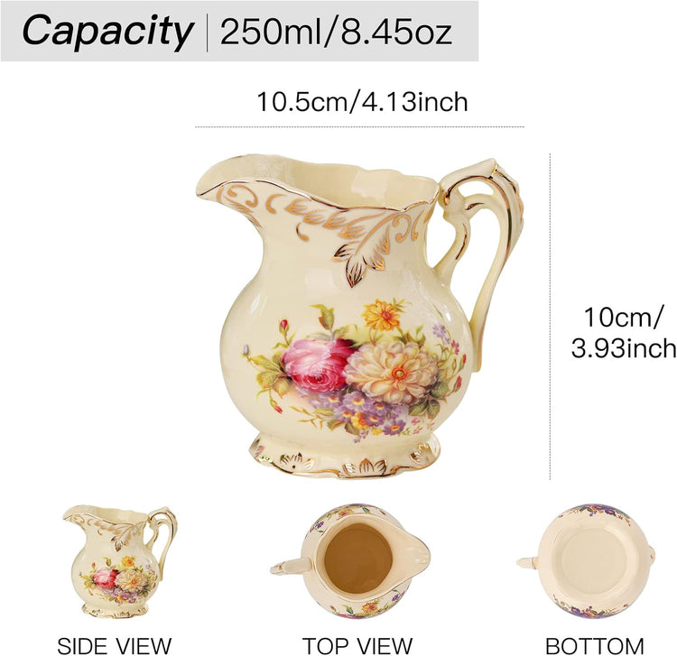 YOLIFE Ceramic Sugar and Creamer Set, Vintage Ivory Flowering Shrubs Golden Leaves Edge Porcelain Creamer Sugar Bowl with Lid Coffee Server Set Gifts
