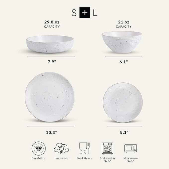 Stone Lain Lauren Stoneware, Rustic Plates and Bowls Set, Dinnerware, Service for 4, Speckled Off White, Dishwasher & Microwave Safe, 16-Piece