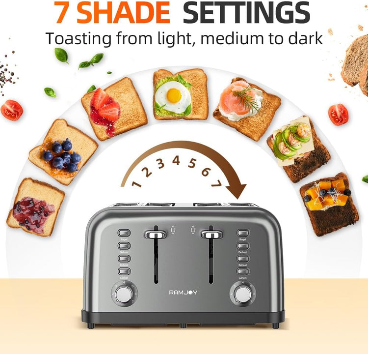 Grey Toaster 4 Slice, Dual Independent Controls, Extra Wide Slot Toasters for Bagel, Bread, Waffles, 7 Shade Settings, 4 Main Functions, Removable Crumb Tray, 1500 Watts, Grey Stainless Steel